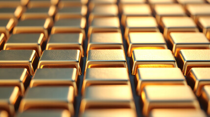 Obraz premium Close-up of shining gold bars stacked neatly, showcasing their rich color and luxurious appearance. Ideal for finance and wealth topics.