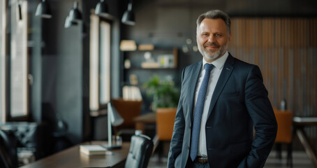 Fototapeta premium A smiling businessman in a suit stands confidently with arms crossed in a modern office, reflecting leadership and professionalism.