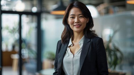 Obraz premium A smiling businesswoman in formal attire stands confidently in a modern office environment, showcasing professionalism and leadership qualities.