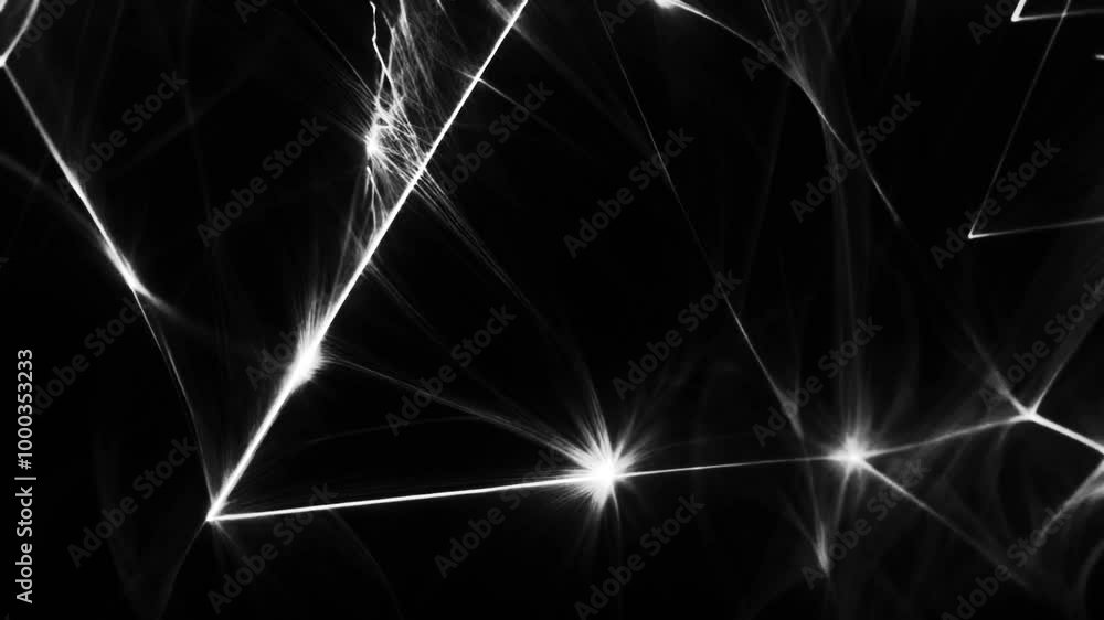 Poster white light rays and reflections forming abstract geometric patterns on a black background.