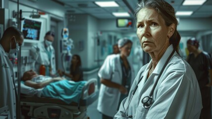 A serious female doctor in a hospital setting, wearing a stethoscope, examines a patient with a focused and concerned expression, emphasizing professionalism and care.