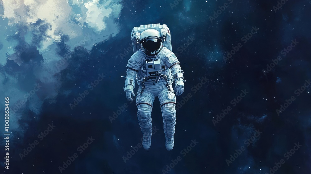 Poster astronaut floating in space against a starry background