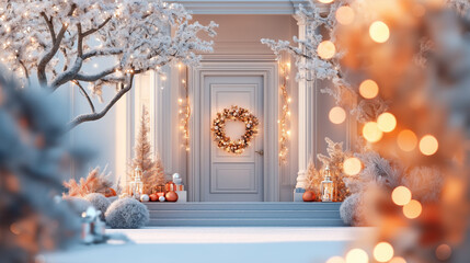 A festive front porch adorned with a wreath, twinkling lights, and small trees, inviting a warm welcome this winter season.