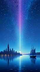 Fototapeta premium At the dreamlike harbor, where a starry night symphony is taking place, holographic ships arrive. 