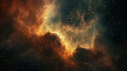 A Cosmic Nebula with Orange and Yellow Glowing Gas Clouds and Scattered Stars