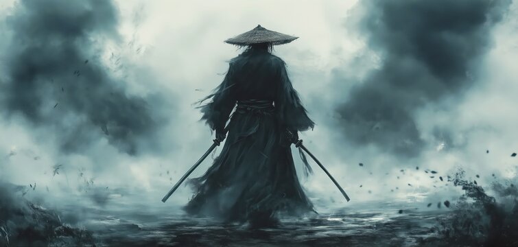 Silhouette of a dark samurai in traditional attire wielding dual katanas, with stormy clouds and debris surrounding him, creating an atmospheric warrior scene.