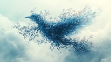 Blue ethereal bird merging with clouds in sky