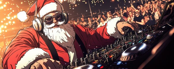 Funky Santa DJ Spinning Holiday Beats in Anime Style