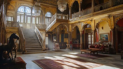 Obraz premium A grand, ornate staircase in a traditional Indian palace with a horse statue, a chandelier, and a rug.