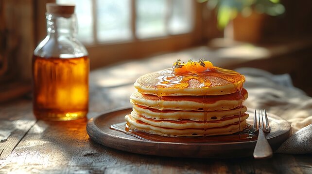 Stack of pancakes with syrup and orange slices