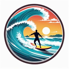A silhouette of a surfer riding a wave at sunset, capturing the essence of surfing culture.