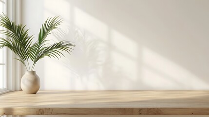 Kitchen wooden countertop on white wall background. Minimalistic room with tabletop and plant in vase for product presentation. Clean closeup mockup