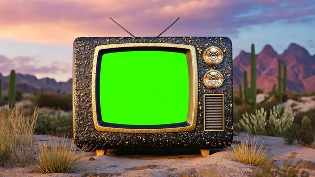 A Vintage Television Set in a Desert Landscape at Sunset.