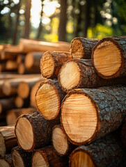 Stacked logs in a sunlit forest clearing