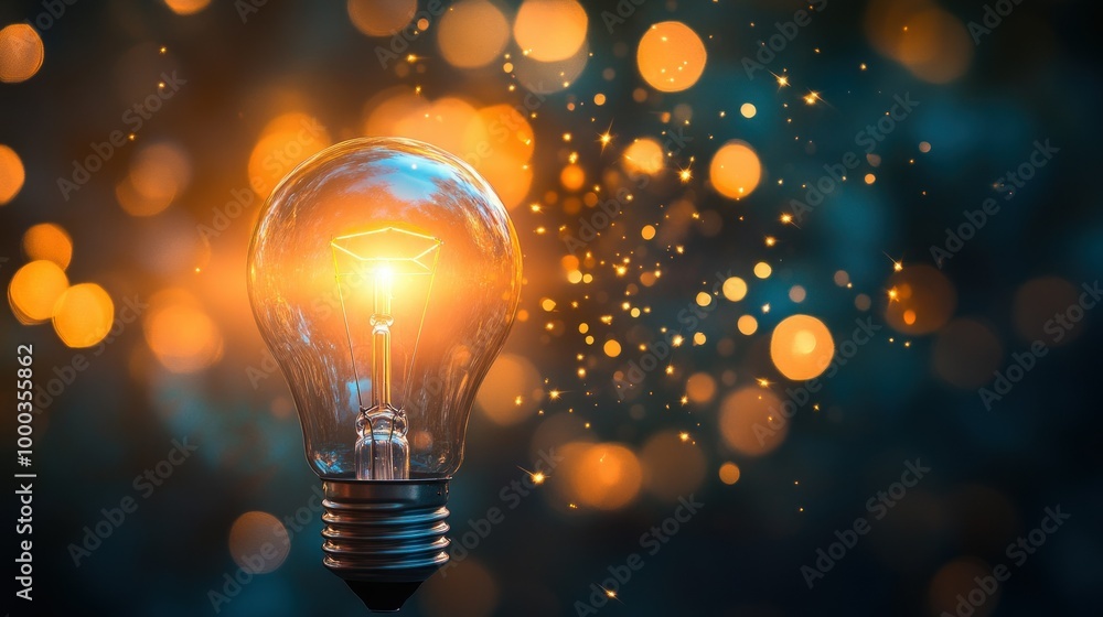 Poster a glowing light bulb with a bokeh background