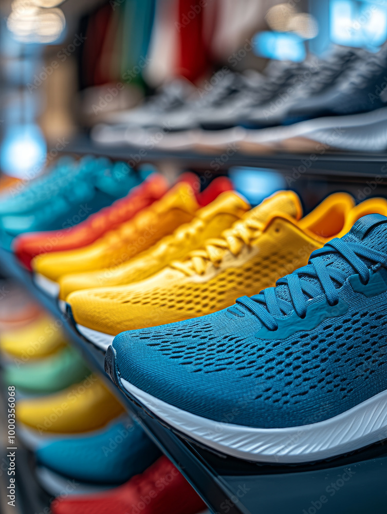 Wall mural Colorful sneakers displayed on a shelf in a shoe store