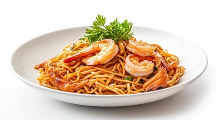 Exquisite Stir-Fried Noodles with Shrimp and Squid Delicacies on White Plate - Culinary Perfection in Minimalist Setting