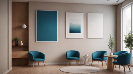 Living room with poster frames on wall 3d illustration, luxury style, 3d render