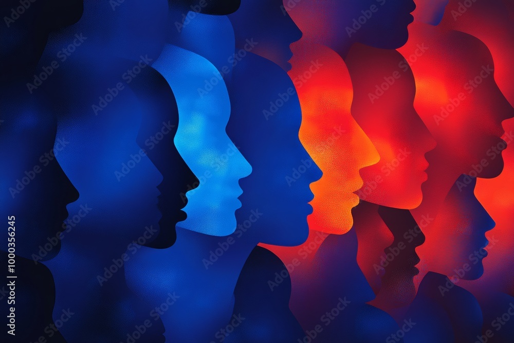 Poster abstract digital illustration of overlapping facial profiles in red and blue hues symbolizing contra