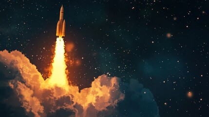 Obraz premium A Rocket Launching Through Clouds and Stars