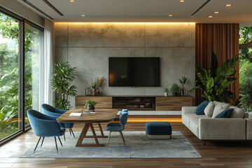 Modern interior of an office, dining table with blue chairs and TV on the wall, beige walls and floor, minimalistic design, window view, natural light.