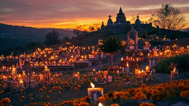 Sunset in a mexican cemetery during day of the dead celebration