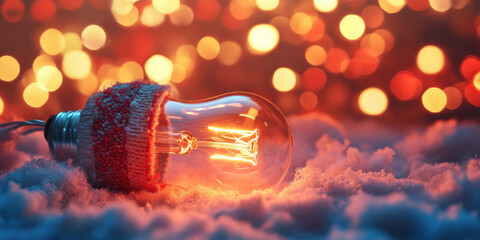 A glowing light bulb wrapped in a cozy knitted cover, set on artificial snow with bokeh lights in the background, creating a warm winter holiday vibe.
