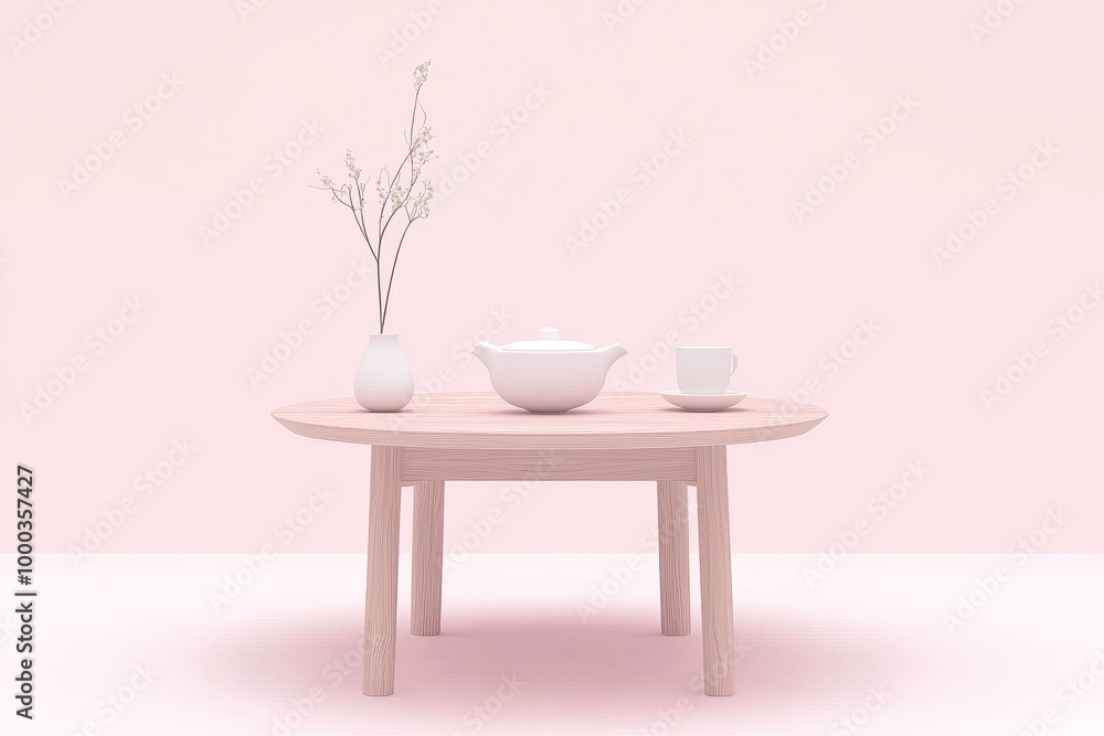 Poster Minimalist table setting with soft pink tones and simple ceramic dishes symbolizing simplicity elegance and calm in a modern serene design