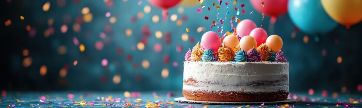 Birthday cake with candles and balloons on it