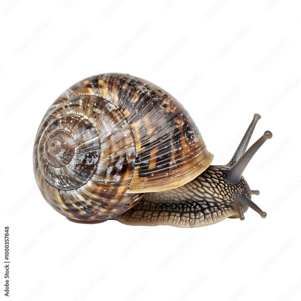 Poster detailed close-up photo of a garden snail highlighting its intricate shell and body against a clear 