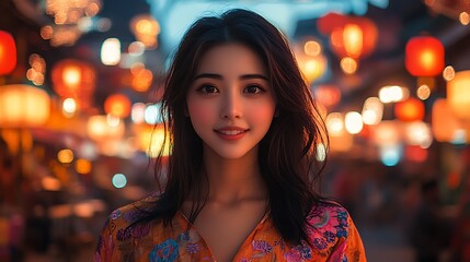 Obraz premium Smiling Asian Woman in the City at Night with Lanterns in Background