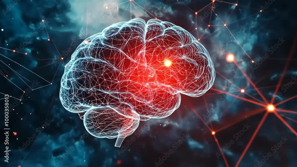 Poster a digital representation of a brain with red glowing points highlighting neural connections