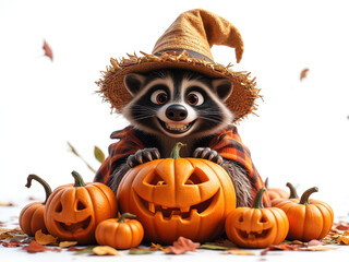 Raccoon in a Witch Hat with Pumpkins for Halloween:  A mischievous raccoon dressed as a witch, with a straw hat and plaid shirt, sits among jack-o-lantern pumpkins  - Generated by Generative AI