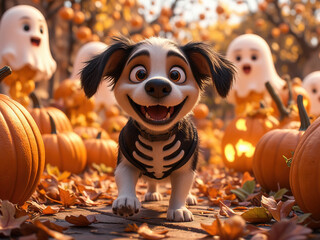 Spooky Pup: A playful canine in a skeleton costume, surrounded by jack-o-lanterns and ghosts, embodies the spirit of Halloween - Generated by Generative AI