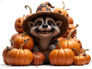 Raccoon in Pumpkin Patch: A charming raccoon wearing a witch's hat and a festive grin is surrounded by a pile of pumpkins in Halloween  - Generated by Generative AI