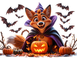 Fox in a Witch Hat Halloween: A playful fox in a witch's hat and cape, surrounded by bats and pumpkins, embraces the spooky spirit of Halloween - Generated by Generative AI