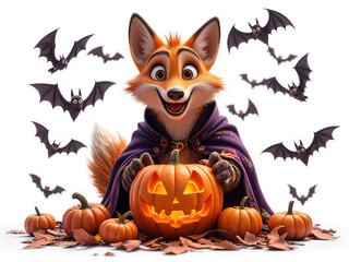 Happy Halloween Fox: Festive 3D Render of an adorable fox in a purple cape, proudly presenting a glowing jack-o'-lantern, surrounded by bats and pumpkins  - Generated by Generative AI