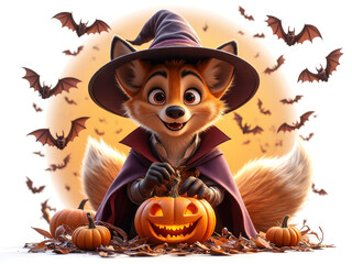 Fox in a Witch Hat Carving a Jack-o'-Lantern: A charming fox dressed as a witch carves a jack-o'-lantern surrounded by pumpkins and bats  - Generated by Generative AI