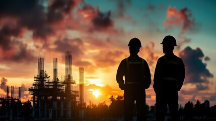 Engineer Silhouettes Against a Sunset Sky