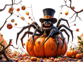 Halloween Spider on Pumpkin: A friendly cartoon spider with a top hat sits on a pumpkin, surrounded by Halloween decorations  - Generated by Generative AI