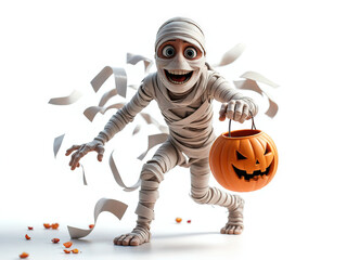 Happy Halloween Mummy: Cartoon Mummy with Jack-o'-lantern  - Generated by Generative AI