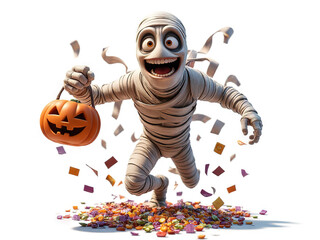 Mummy's Trick-or-Treat Adventure: A cheerful cartoon mummy dashes through a confetti-strewn landscape, clutching a pumpkin-shaped bag of candy - Generated by Generative AI