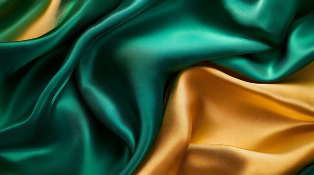 Texture of Crumpled Silk Fabric of golden and emerald color