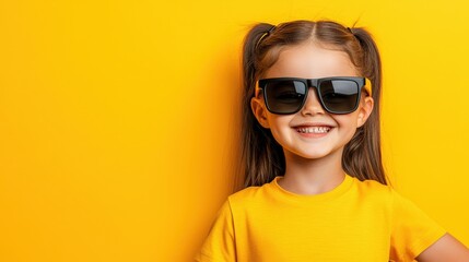 Fototapeta premium Charming Girl in Sunglasses Against Yellow Background