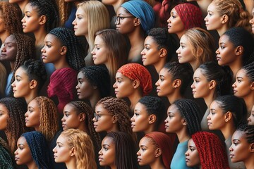 Diverse group of women with varied hairstyles and head coverings symbolizing beauty diversity and unity in a bold and empowering composition
