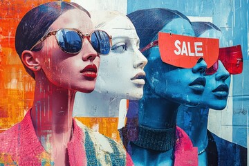 Mannequins with sunglasses on display, sale discount concept collage
