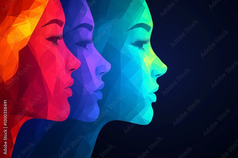 Poster vibrant geometric art of multi colored profiles symbolizing unity diversity and strength in a visual