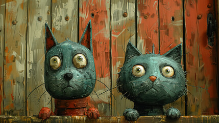 Two cats are sitting on a wooden fence. One of the cats is looking at the camera with a sad expression
