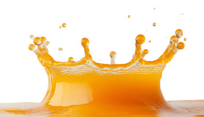 Vibrant orange juice splash creating a stunning crown shape in mid-air, showcasing the beauty of liquid dynamics in a transparent setting.