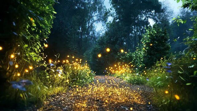 A path through a forest illuminated by fireflies on a summer night